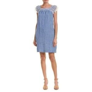 J. McLaughlin 100% Linen Gingham Shift Dress M Blue White Beach Vacation Preppy